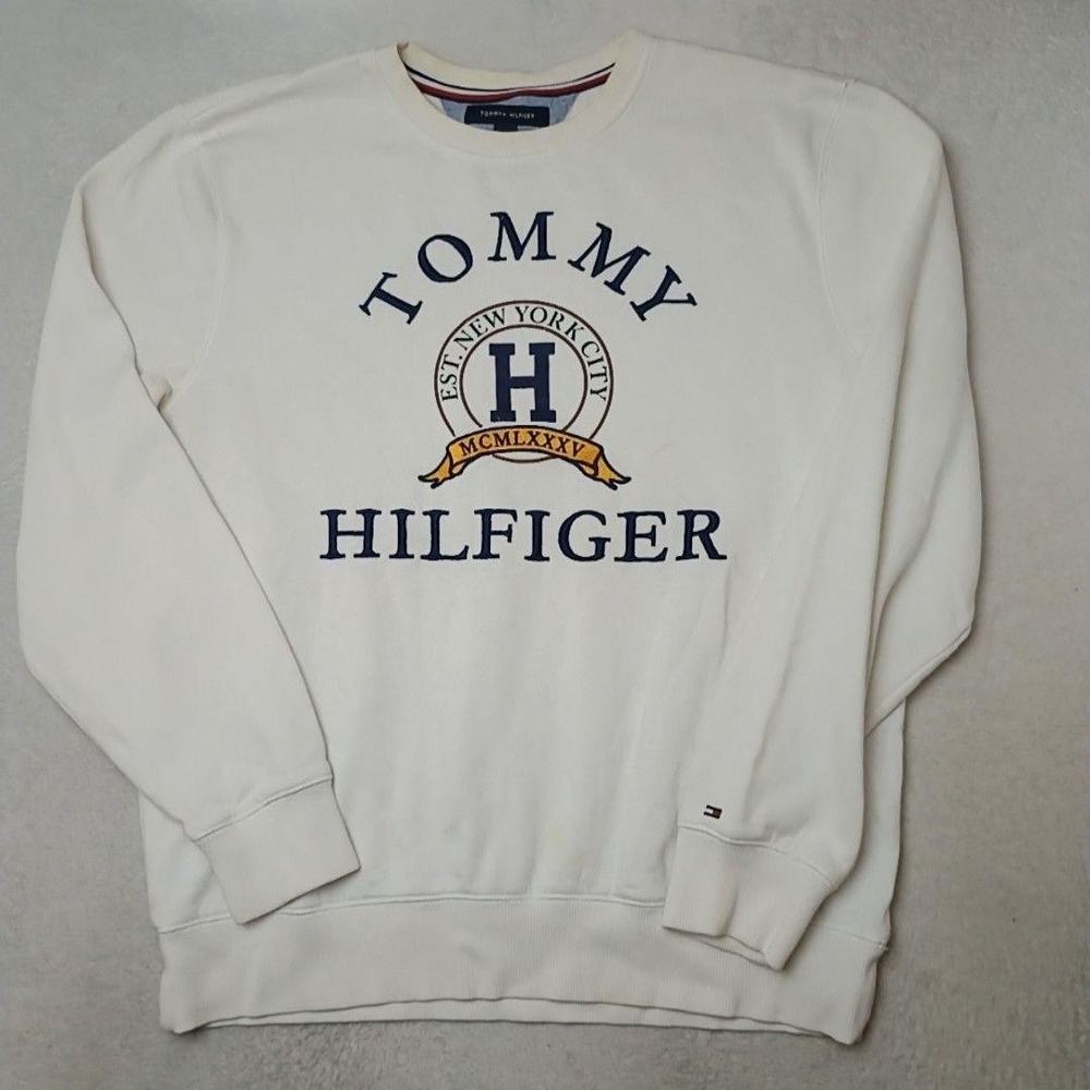 Tommy Hilfiger Sweatshirt Mens L White Pullover Fleece Heavyweight Embroidered